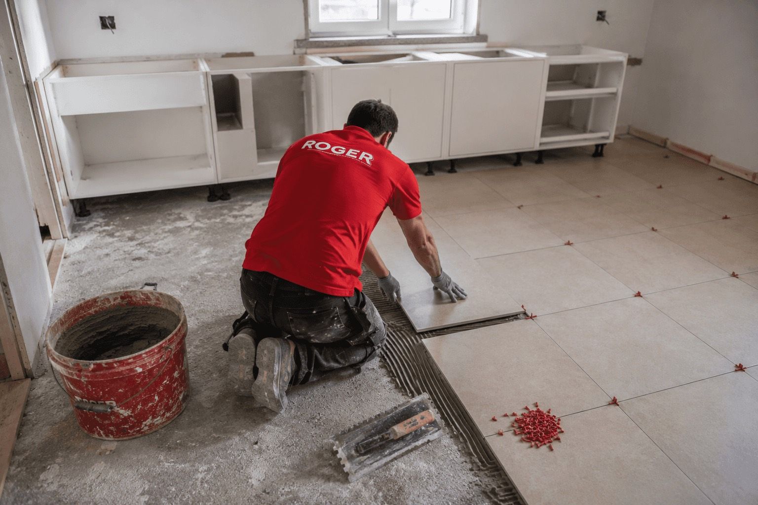 Trabalhador da Roger a assentar mosaico no chão de uma cozinha em obra