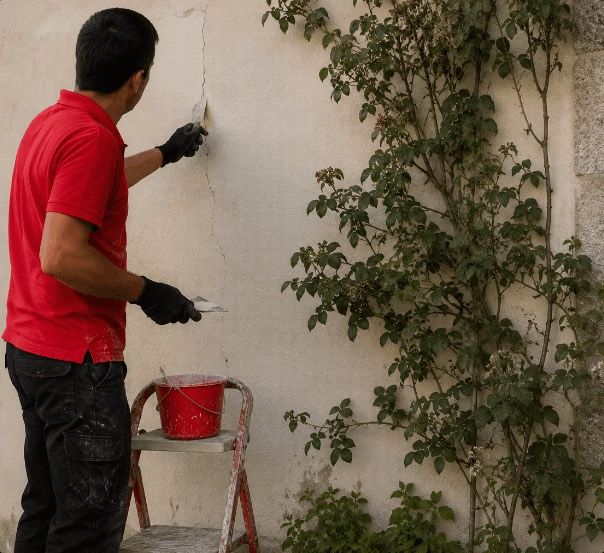 Trabalhador da Roger a reparar uma fissura numa parede exterior