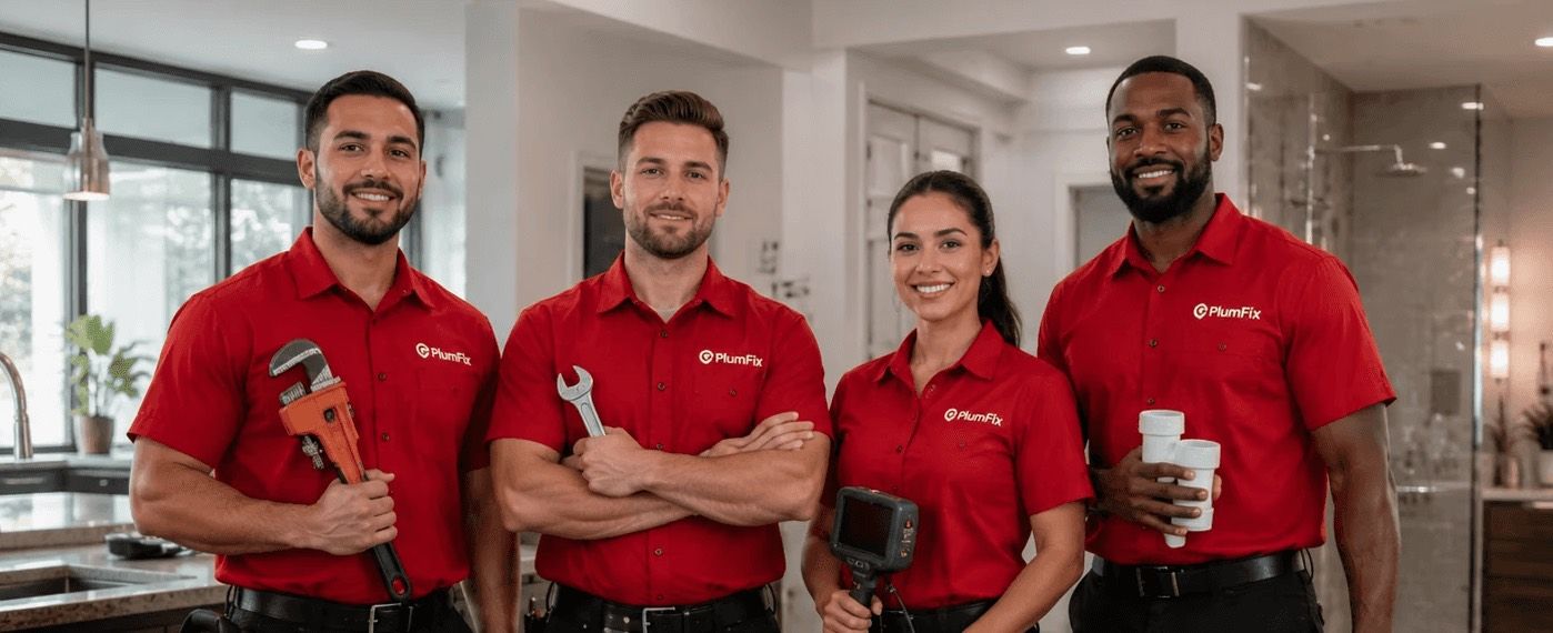 Quatro pessoas de pólo vermelho com ferramentas, numa cozinha