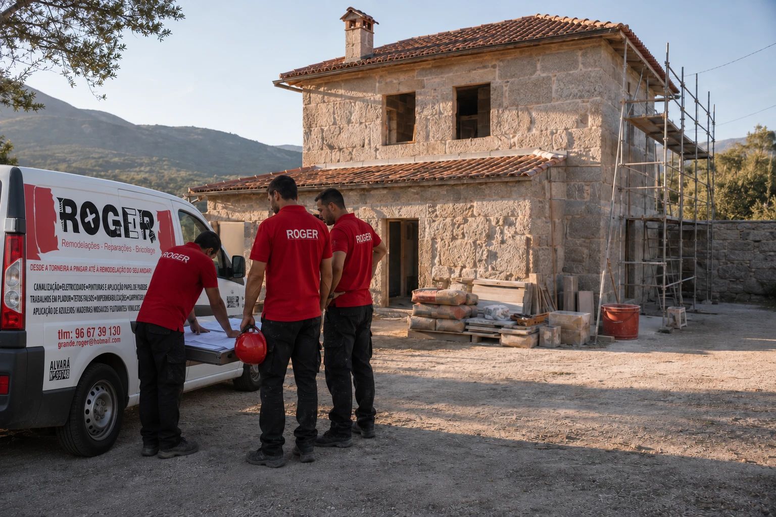Três trabalhadores da Roger junto da carrinha, em frente a uma casa de pedra em obra