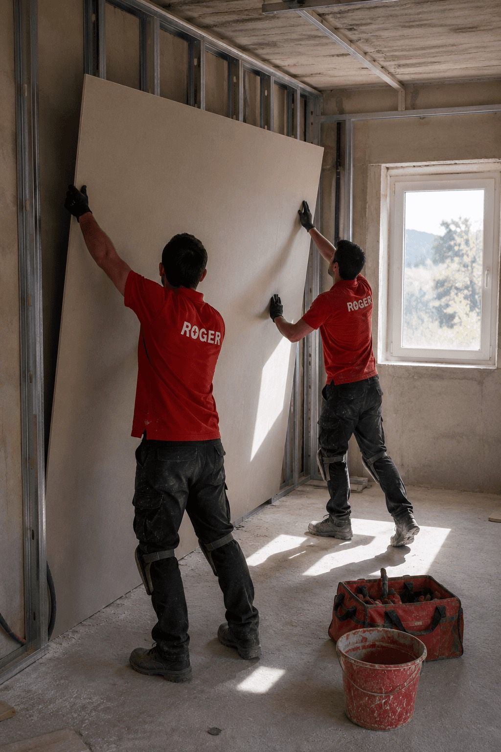 Dois trabalhadores da Roger a montar placas de gesso cartonado numa divisão
