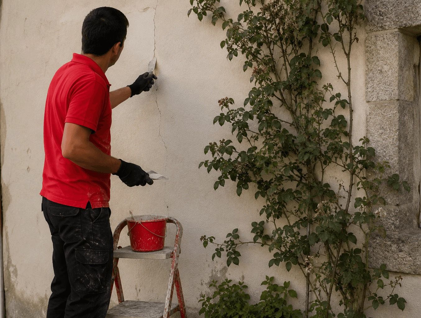 Trabalhador da Roger a reparar uma fissura numa parede exterior