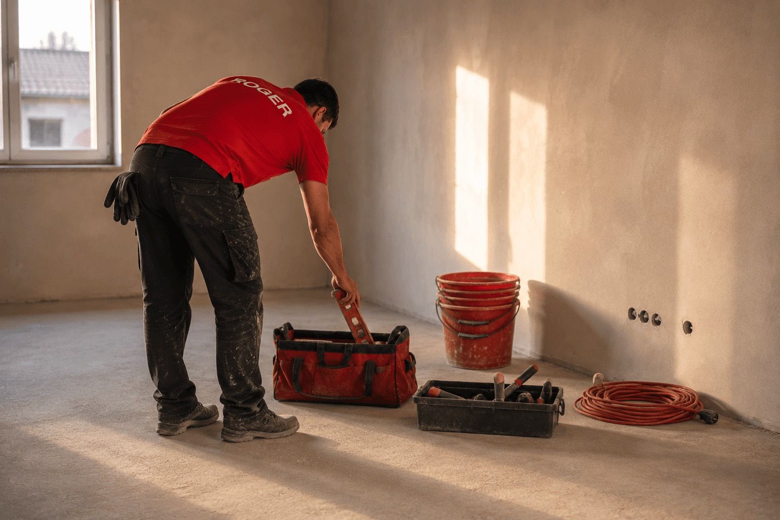 Trabalhador da Roger a preparar ferramentas numa sala em obra